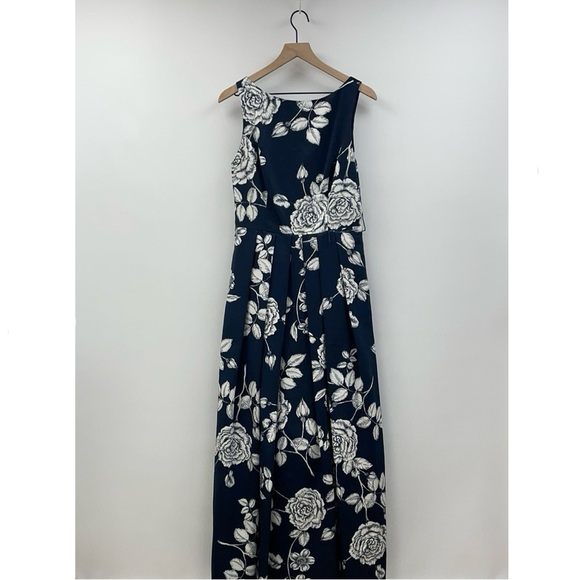 Eliza J Floral Sleeveless A-Line Pleated Ball Gown Maxi Dress Occasion Navy 12 - Picture 1 of 8